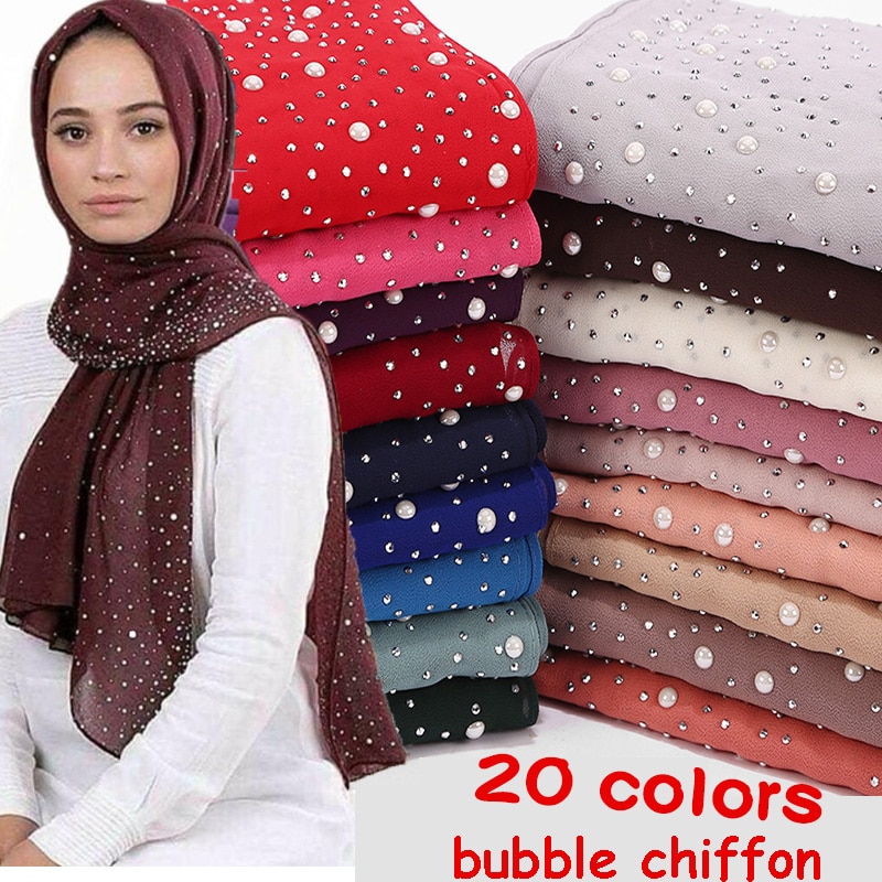 1 Pc Vrouwen Bellen Chiffon Sjaal Met Diamant Studs Parels Sjaal Vlakte Hijab Sjaals Wraps Effen Kleur Moslim hijab Sjaal