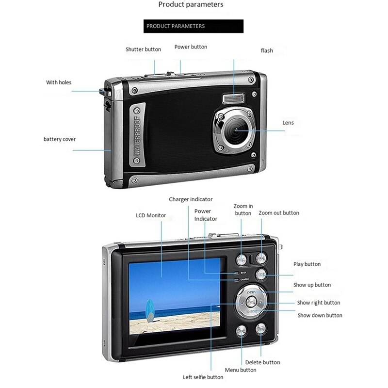 Digital Camera 16MP Waterproof 1080P HD - 2.7 Inch Screen - 2x-7x Optical Zoom