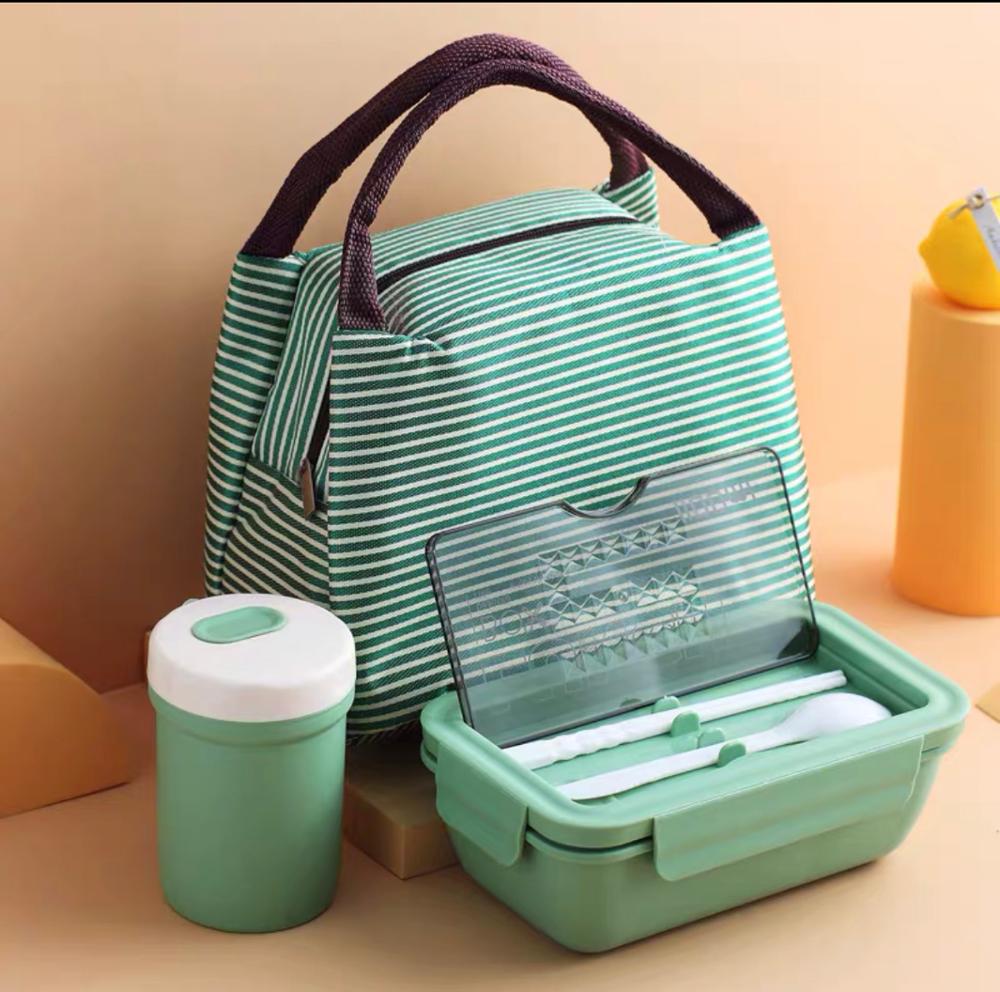 2020New Microwave Lunch Box with Compartments Portable Bento Box Japanese Style Leakproof Food Container for Kids with Tableware: Green set