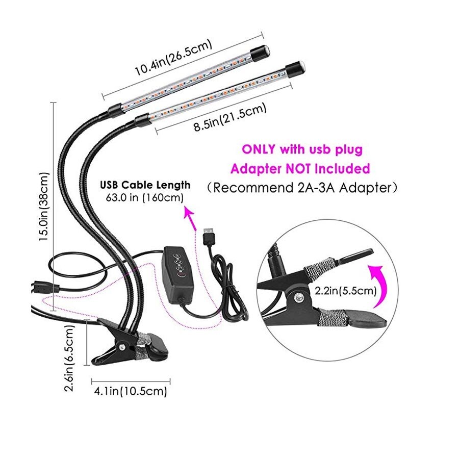 18W USB powered double-head LED plant growth light, 3/6 / 12H timer flexible gooseneck clip for indoor plants /