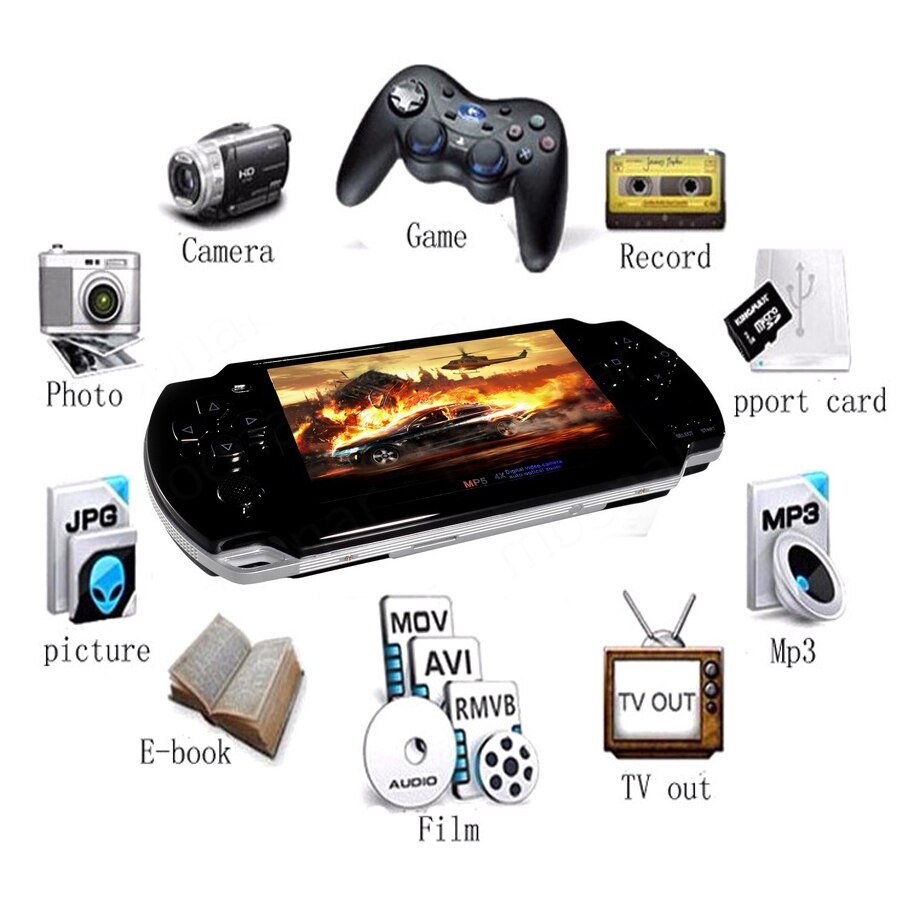 Libre construido en 5000 juegos, 8GB 4,3 pulgadas PMP mando de juegos MP3 MP4 MP5 Player Video FM Cámara consola de juegos portátil niños