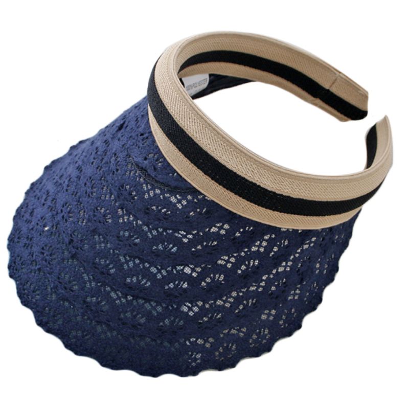 Cappello estivo da donna con visiera parasole vuota scava fuori cappello da spiaggia tutto'aperto a tesa larga in maglia a righe in pizzo floreale tutto'uncinetto: Blu