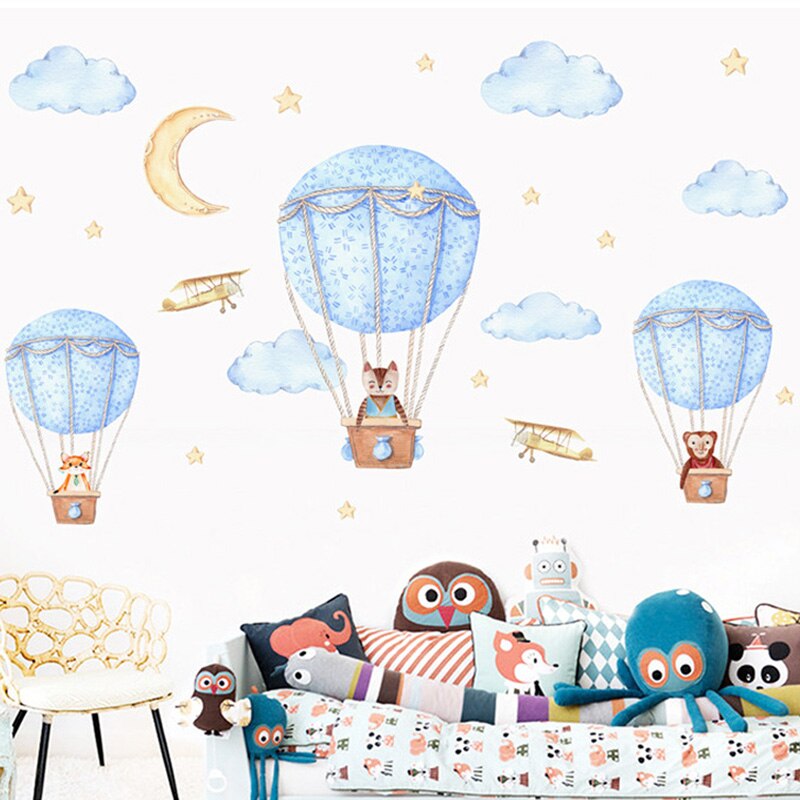 Mooie Cartoon Dier Luchtballon Muurstickers Moon Stars Wolken Voor Baby Meisjes Kamer Decals