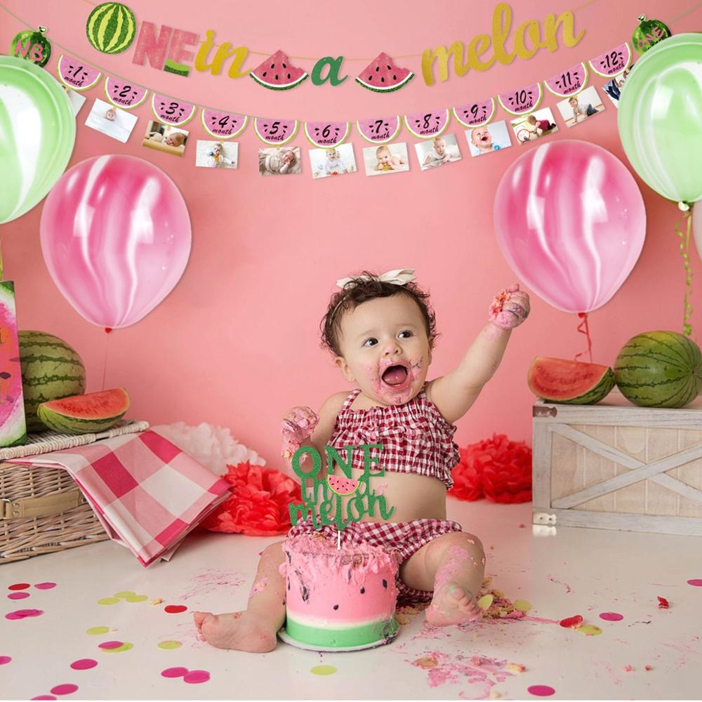 QIFU 1st Birthday Party Decorations Kids Summer Watermelon Party Cake Topper Bunting Flag Decor Pink Baby Shower Party Supplies