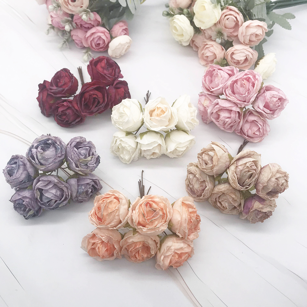 Guirnalda diy de 6 piezas de simulación, tocado de bosque, capullo de té europeo, borde , flor de seda Rosa retro, material de decoración de brotes