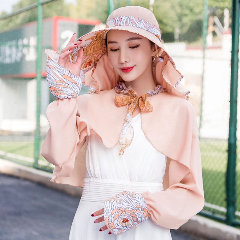Ymsaid Chiffon Flowers Big Eaves summer hats for women Foldable Covered Face Neck Cycling Anti Uv Sun Hat: Khaki Hat shawl
