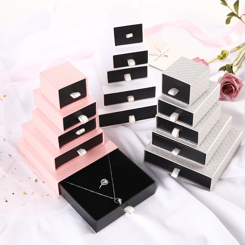 12pcs Jewelry Box White Pink Silver Drawer Paper&PU Box for Necklace Earring Bracelet Ring Brooch Diplay Pakge Box