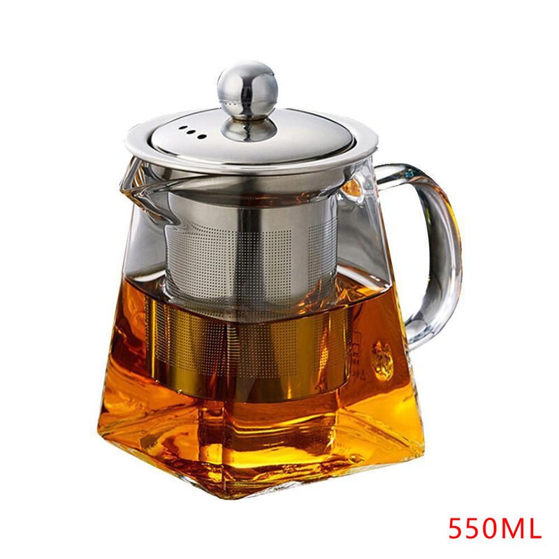 Bule de vidro resistente ao calor com infusor de aço inoxidável recipiente aquecido pote de chá boa clara chaleira quadrado filtro cestas: 550ml