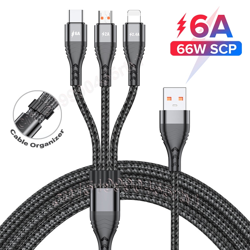 3-in-1 USB-Kabel 6A Schnelladen für iPhone, Huawei, Samsung - USB-A auf Typ-C, Mikro USB, Blitz