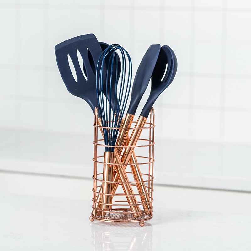 Silicone Cooking Utensils Set Non-stick Spatula Shovel Stainless Steel Handle Cookware Tools Set With Storage Box Kitchen Tools: NAVY BLUE