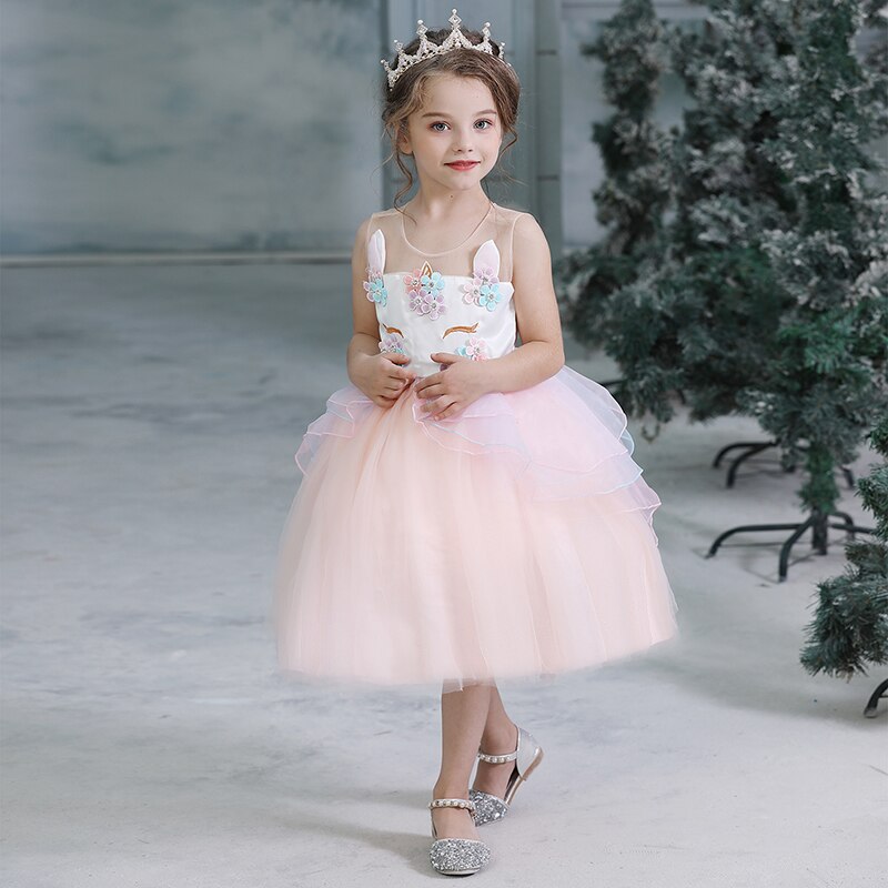 Flickor enhörning tutu klänning sommar barn prinsessa vestido flickor födelsedagsfest klänning barn sommar klänningar 3-8y barn kläder: Persika / 5