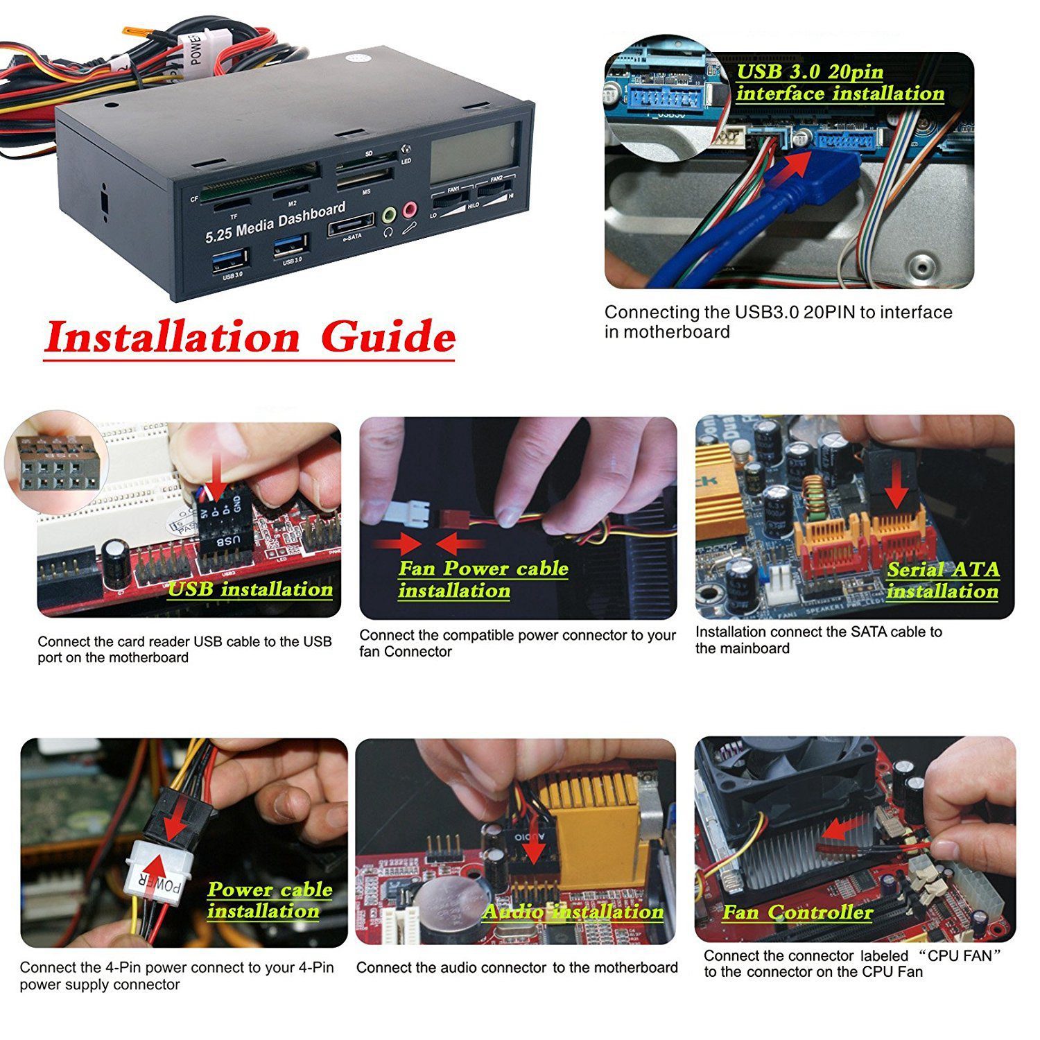 Panel multimedia multifuncional para ordenador, Panel frontal de 5,25 pulgadas con SATA/eSATA, USB 2,0/USB 3,0, micrófono/auriculares, Audio Po