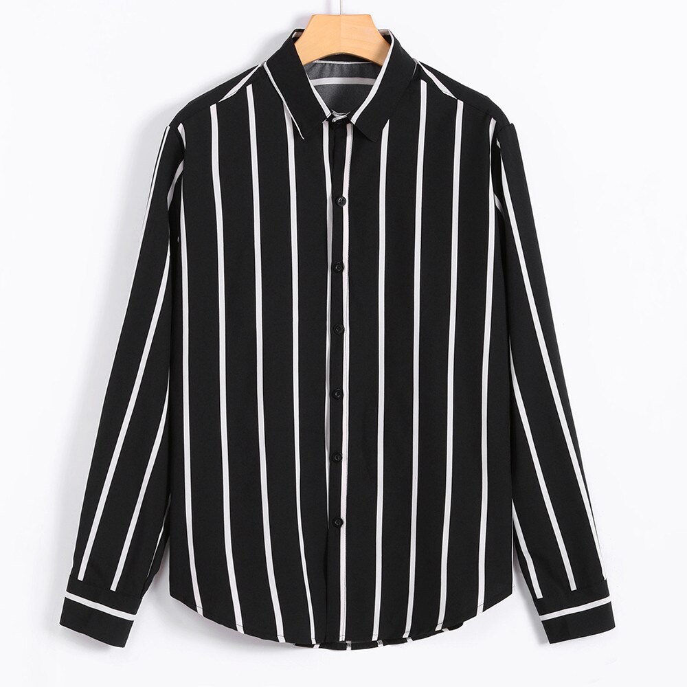 Randiga skjortor för män casual långärmade toppar lös casual blus pojke lyx stilig sport casual klänning lös blus  j05: Svart / L