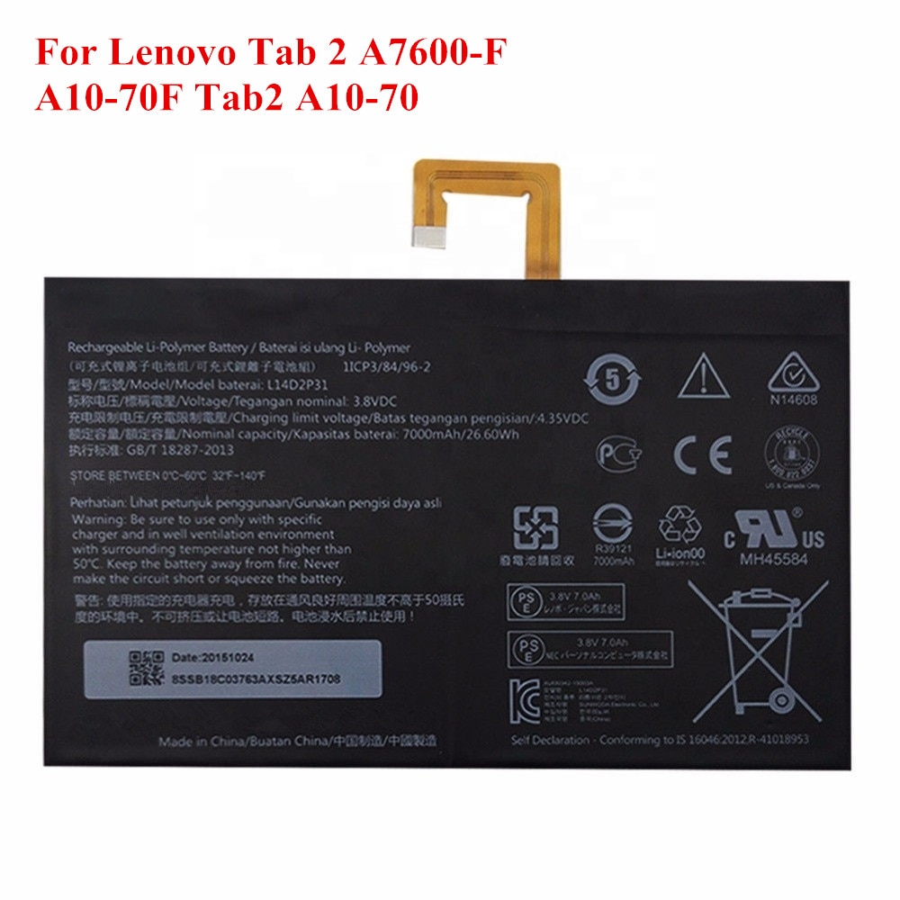 7000Mah L14D2P31 Batterij Voor Lenovo Tab 2 A7600-F A10-70F A10-70 A10-70L Replacment Tab2 Bateria