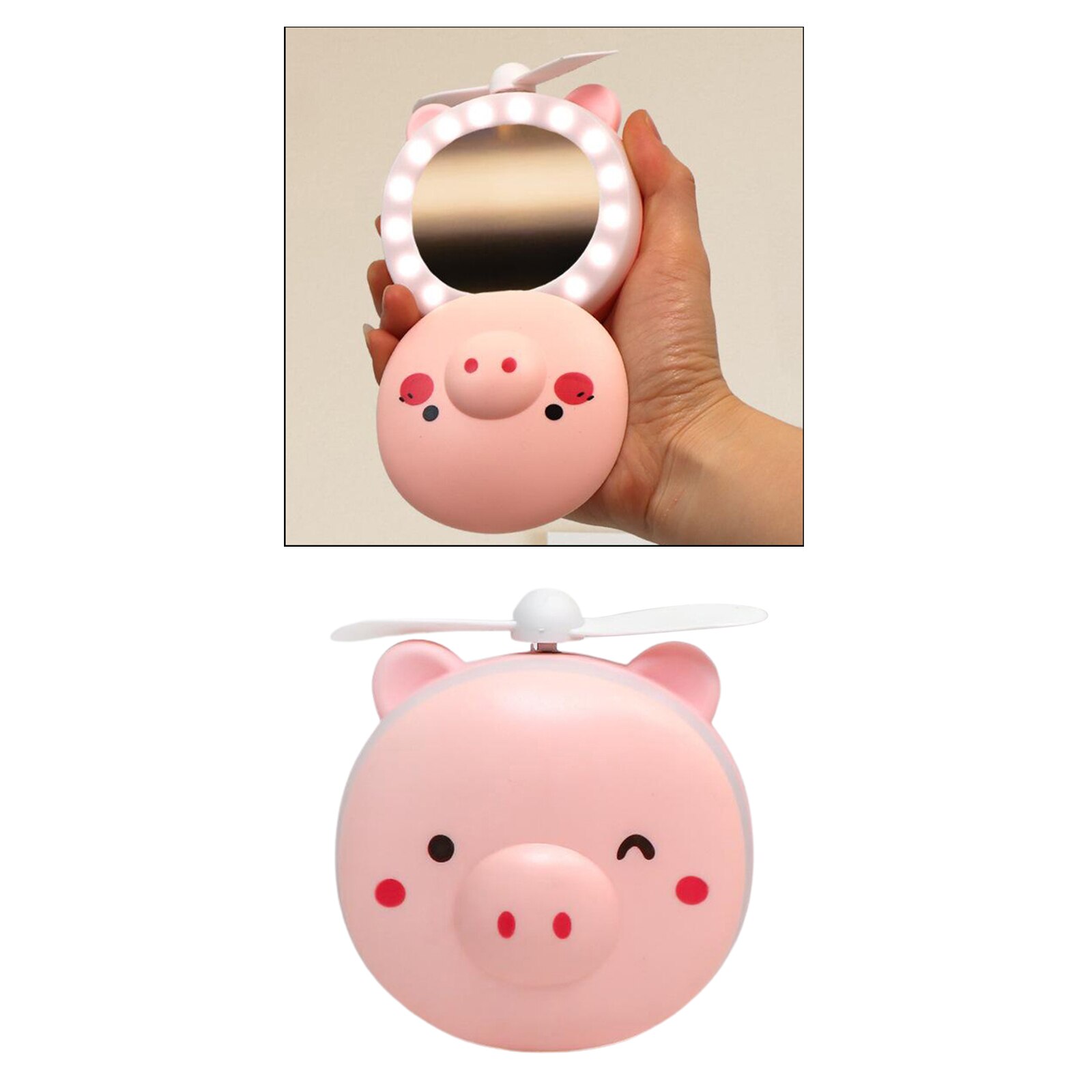 3-In-1 Leuke Piggy Cosmetische Spiegel Fan Led Light Usb Oplaadbare Indoor Make-Up Spiegel Ventilator Met Licht opvouwbare Pocket Spiegel