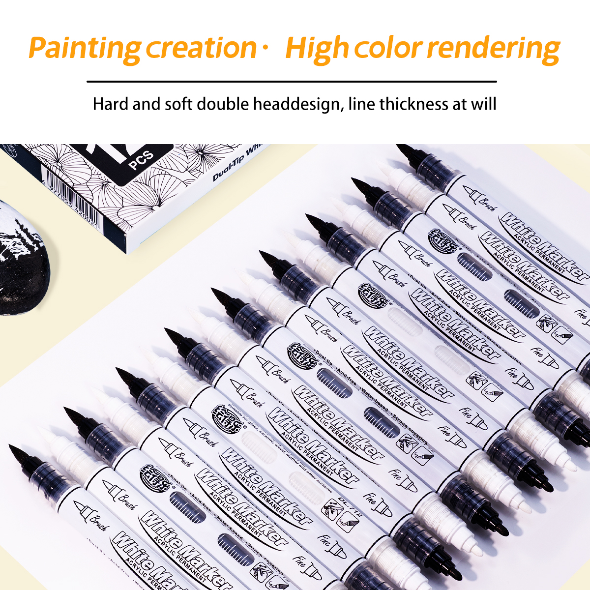 12 marcadores de pintura acrílica de doble cabezal, marcadores de pintura con punta de pincel blanco y negro para pintura en roca, piedra, bricolaje, fabricación de tarjetas, suministros de arte