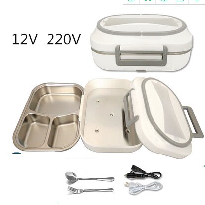 12V 24V 220V 1L Household Car Electric Heating Box With Stainless Steel Inner Mini Portable Electric Multi Cooker: gray 12V 220V