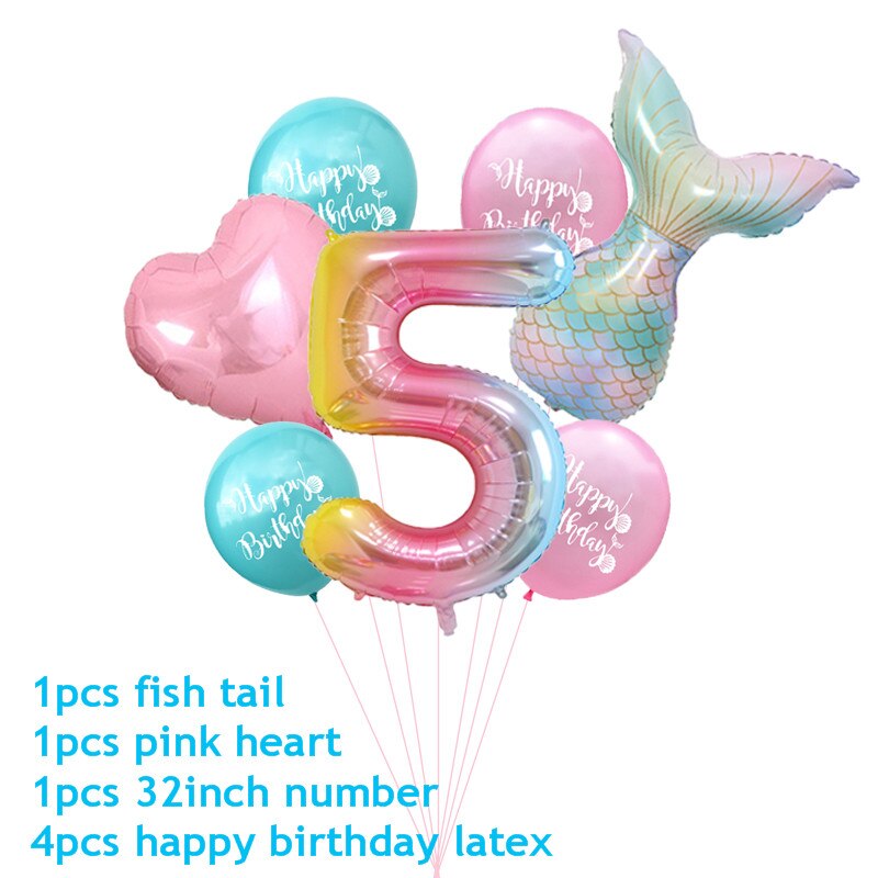 7pcs/lot Mermaid Party Balloons Number Foil Balloon Kids Birthday Party Decorations Baby Shower Decor Helium Globos supplies: 5