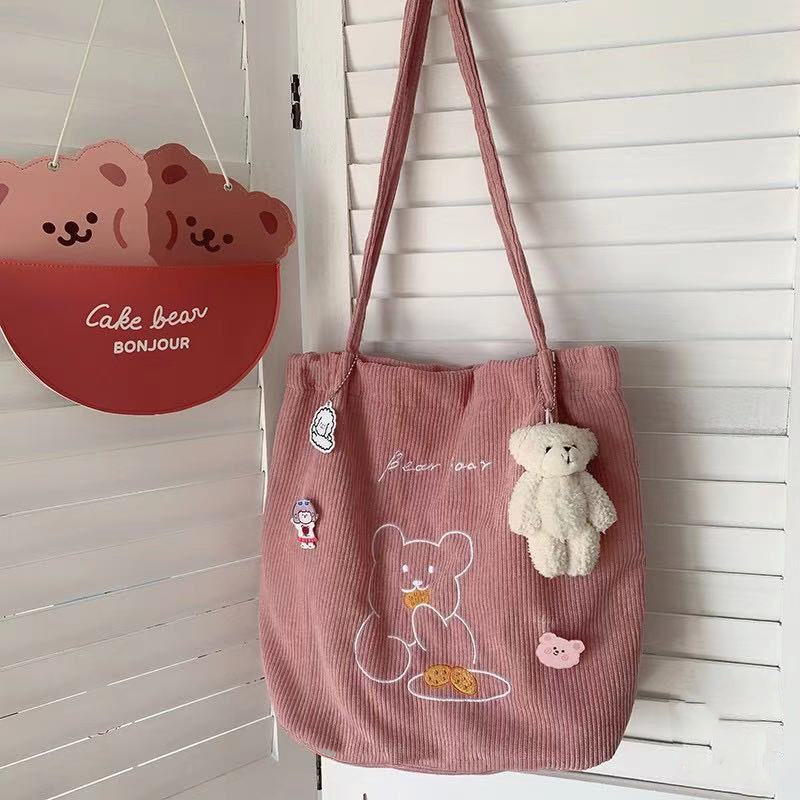 2021 Shopper Shopping Bag da donna borsa a tracolla in tela borse a mano femminili borsa a tracolla pieghevole riutilizzabile in velluto a coste: Pink Chapter Bear