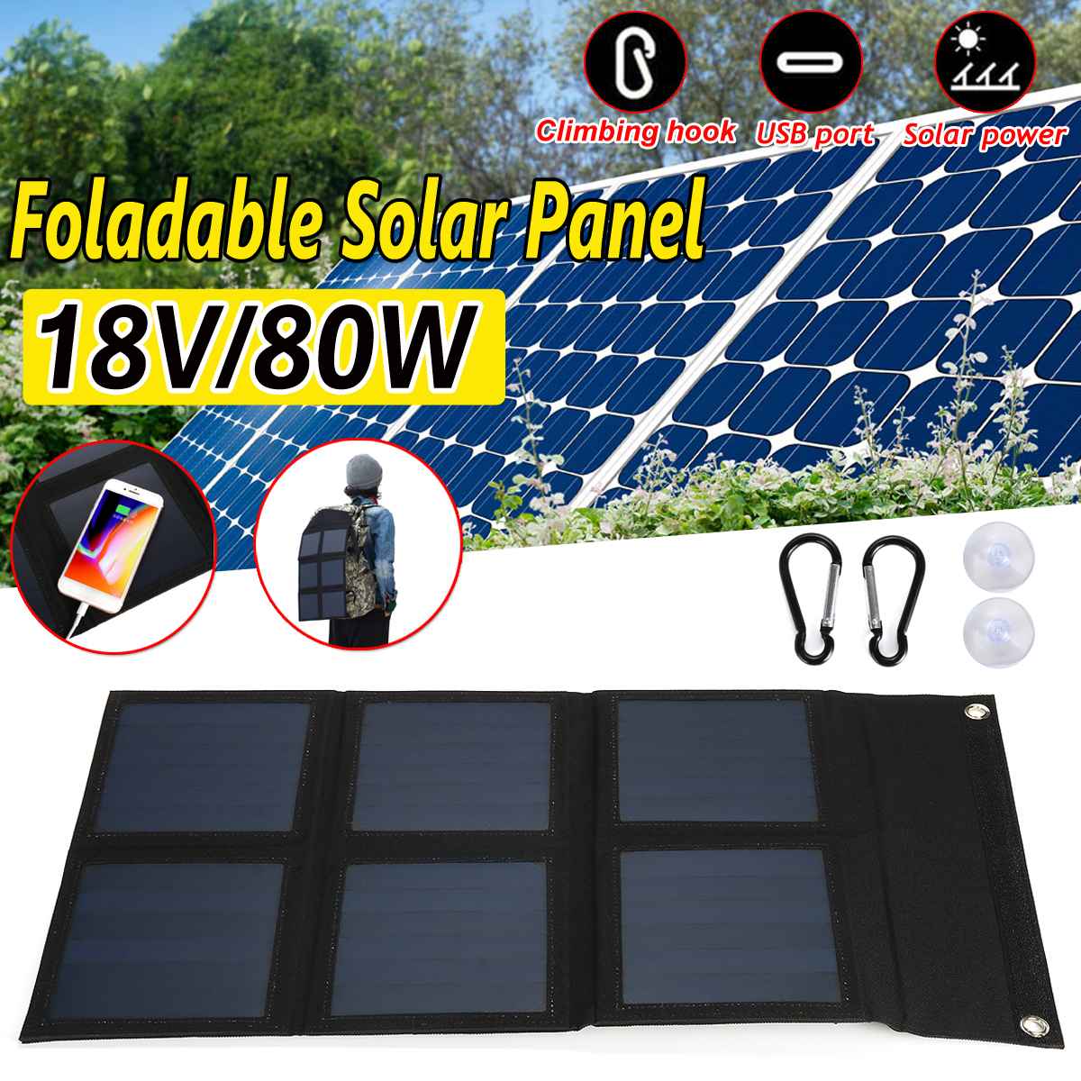 Foldable Solar Panel 18V 80W Outdoor Portable Solar Panel Kit High Efficiency Flexible Solar Panel Usb Hiking Backpack 58*30cm