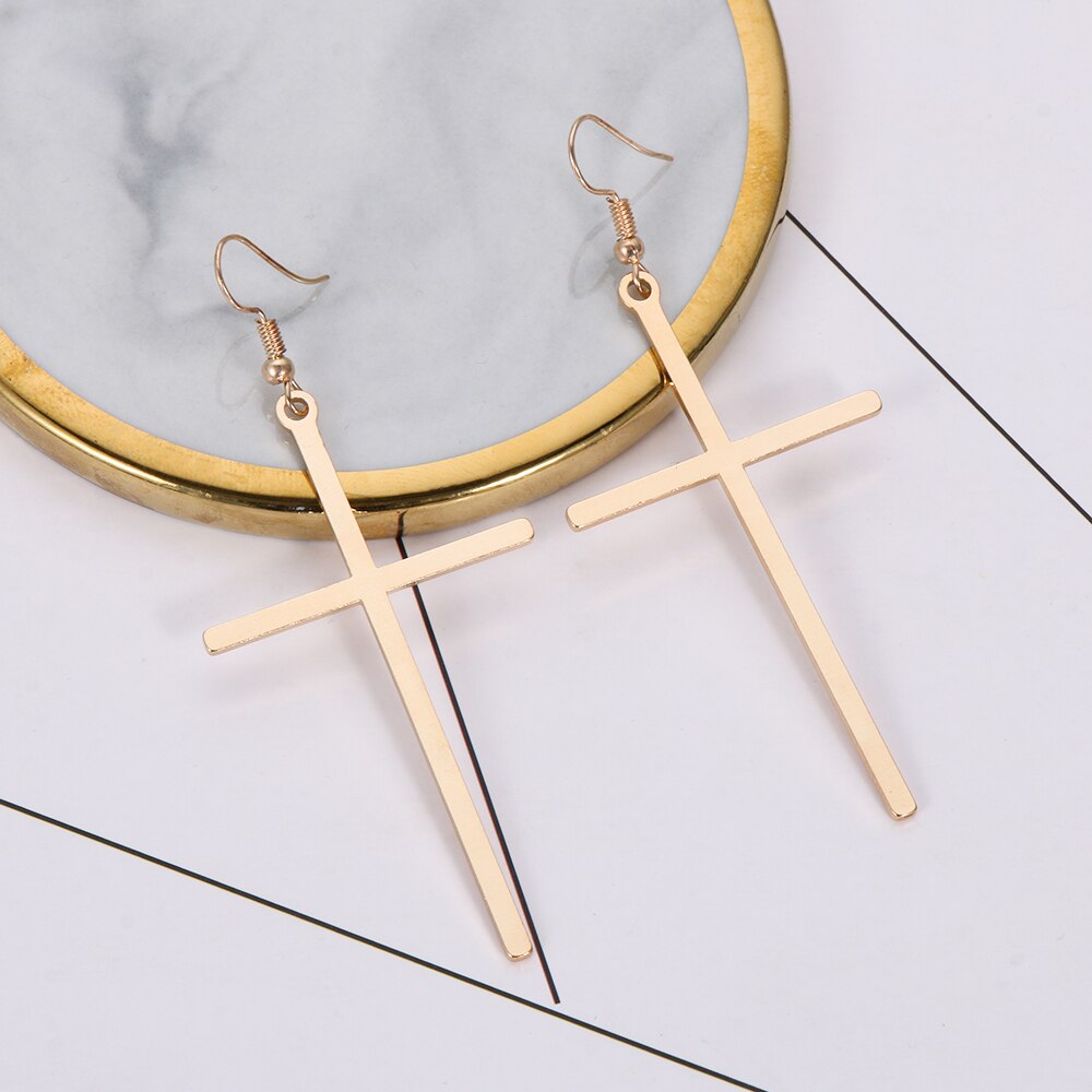 Pendientes colgantes de cruz grande para mujer, pendientes de gota de Color dorado, joyería étnica, Cruz Punk Rock, pendiente exagerado
