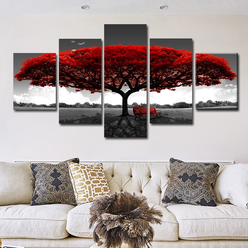 5 paneles de rojo abstracto pinturas al óleo de árboles impresos en lienzo, carteles e impresiones de paisaje, imágenes artísticas de pared para decoración del hogar sin marco