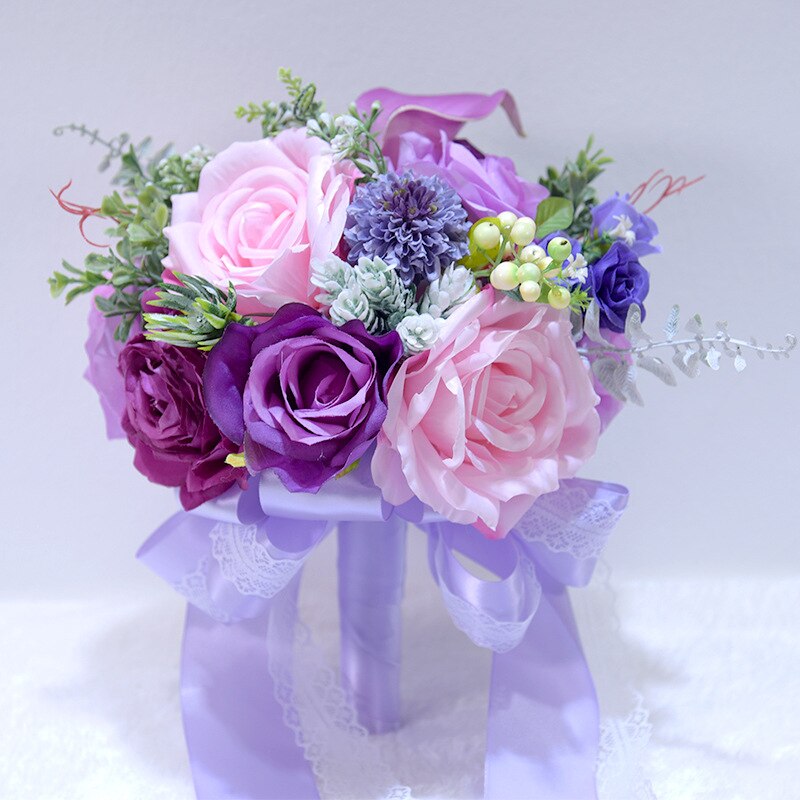 Zijde Rozen Bruidsboeket voor bruidsmeisjes Bruidsboeketten Wit Roze Kunstbloemen Mariage Levert Woondecoratie s163: Purple