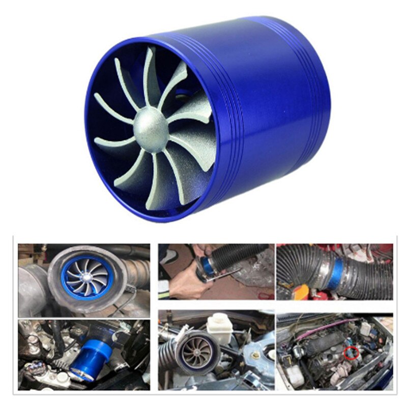 Auto Supercharger Dubbele Blauwe Motor Enhancer Turbine Turbo Luchtfilter Intake Fan Brandstof Gas Saver Kit Auto Accessoires