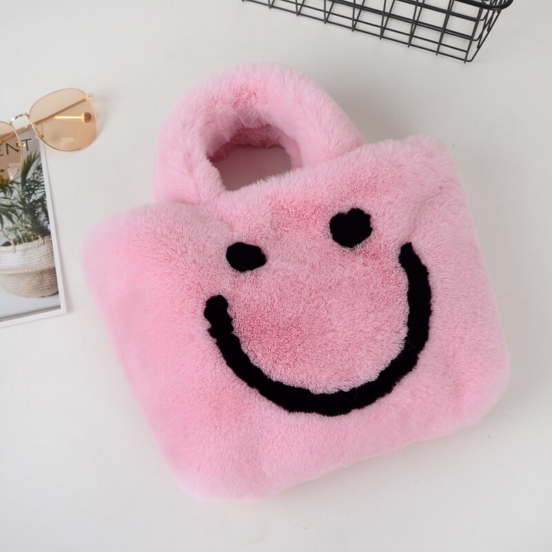 bolso de viaje de de invierno, bolso de mujer sonriente de felpa de invierno, bolso de cadena grande, bolso de mensajero, bolso de cuero suave cálido: Pink