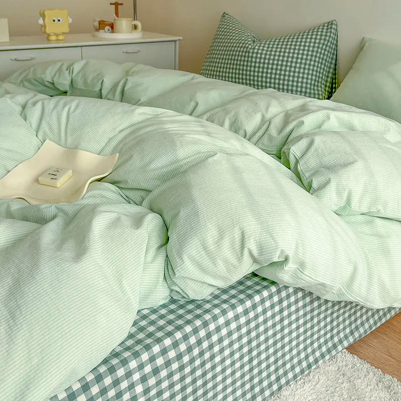 Parure de lit nordique verte à carreaux pour filles et garçons, housse de couette Double Queen Size, drap plat, taie d'oreiller, sans remplissage,: Queen / Rose
