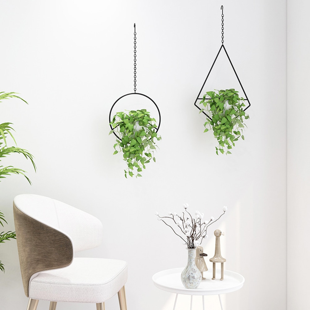 Iron Art Hanging Plants Holder Garden Balcony Flower Pot Air Plants Rack Container Geometric Flower Decoration Stand
