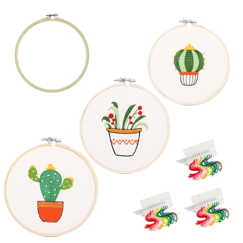 Kit de broderie avec motif Cactus et plante en bambou, 3 pièces, points de croix imprimés, couture artisanale, peinture d&#39;art