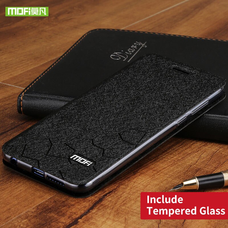 Coque à rabat en cuir et Silicone pour Xiaomi Mi MAX3, étui Original résistant aux chocs, style business, Mofi 360: black with glass