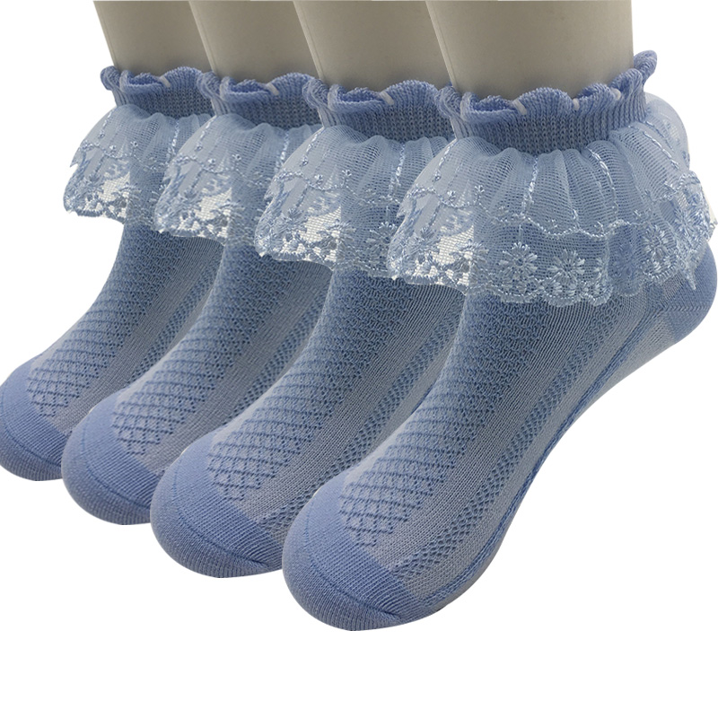 4 Pairs / Lot Summer Girls Socks Cotton Mesh Lace Candy Color Children Socks 1-12 Year Kids Socks For Girls: blue / 7-10 year