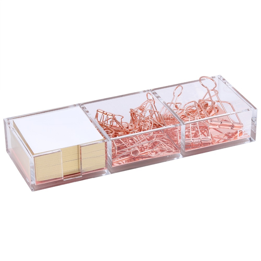 High - end acrylic three - cell notes box transparent transparent metal lattice office stationery Office supplies set