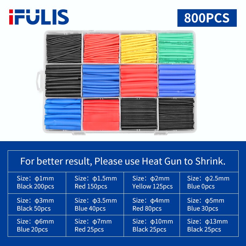 Tubes thermorétractables pour isolation, 800/780/580 pièces, gaine rétractable pour câble de voiture 2:1, plusieurs couleurs: 800PCS (Box)