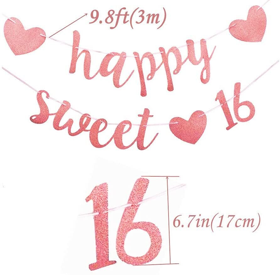 Rose Gold Happy Sweet 16th Birthday Party Banner Girl 16th Theme Birthday Party Background Wall Arrangement Party Decor Banner