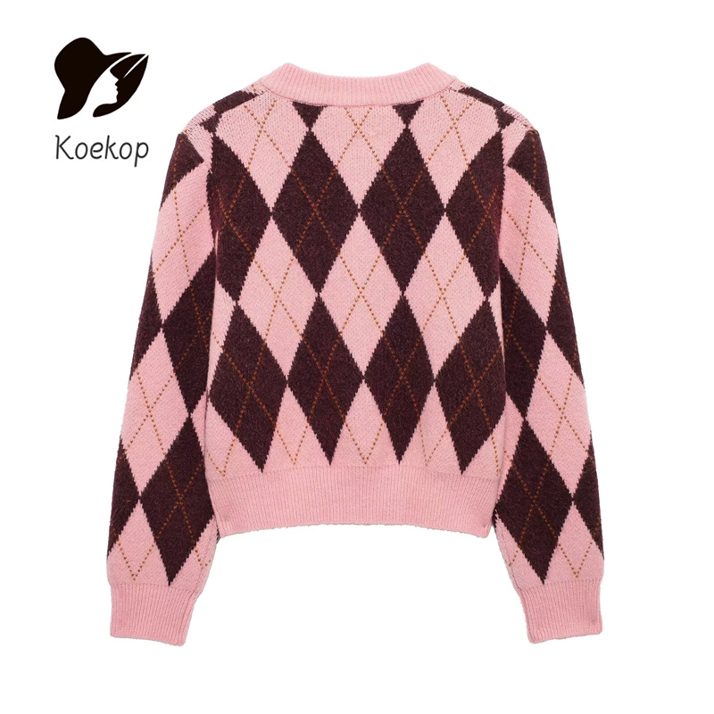 Koekop Giacca da donna chic da donna a maniche lunghe vintage con motivo a diamanti e girocollo alla moda