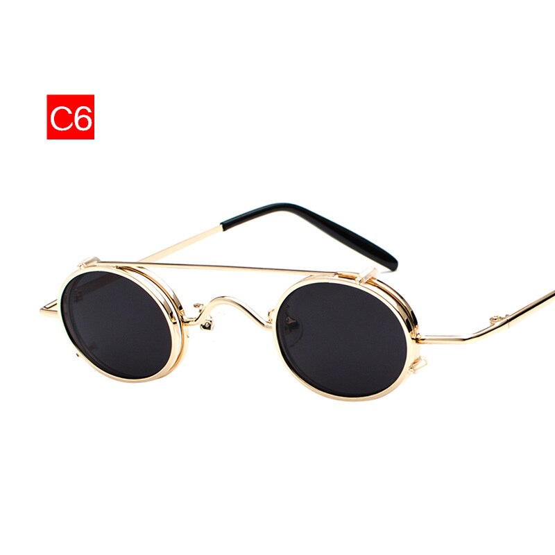 Oulylan kleine ronde steampunk zonnebril voor heren, retro vintage metal punk clip-on zonnebril voor heren, kleine ovale bril  uv400: C6