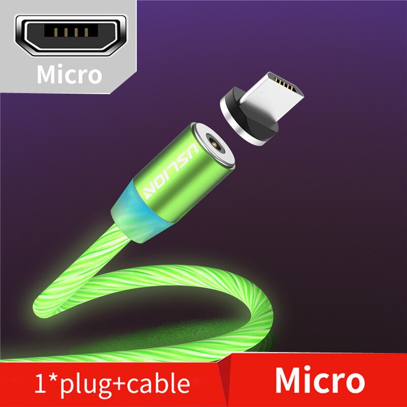 Cabo usb magnético de led uslion para celular, fio para carregador com micro usb tipo c para carregamento rápido para iphone samsung s10: Green Micro