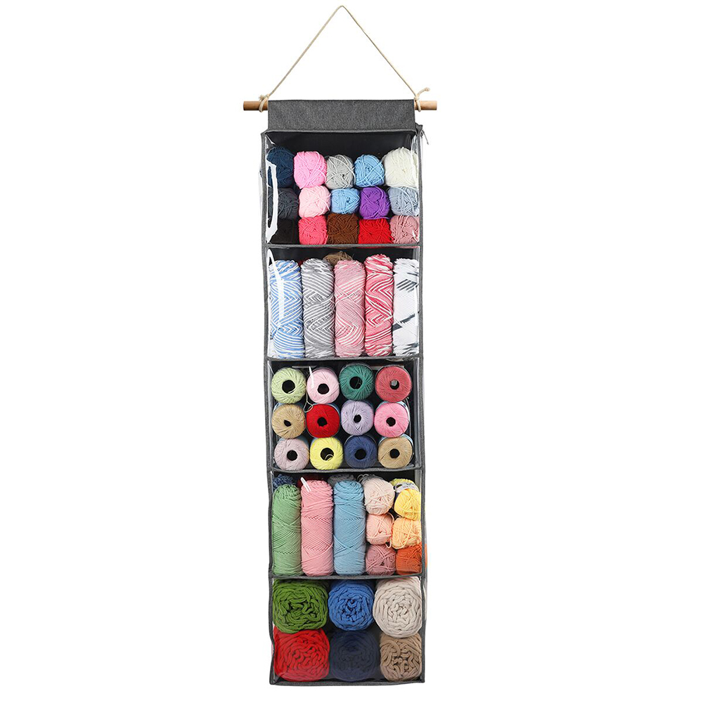 Foldable Hanging Clothes Storage Wool Knitting Bag 5-Shelf Clear Yarn Wall Display Bulk Organizer Collapsible Display Holder