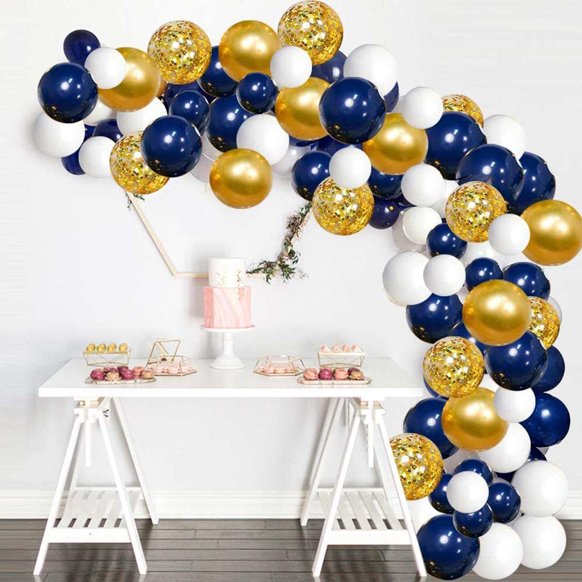 61Pcs Navy Theme Party Balloon Pack Arch Latex Balloon with Gold Confetti Set for Kids Baby Shower Birthday Party Decoration