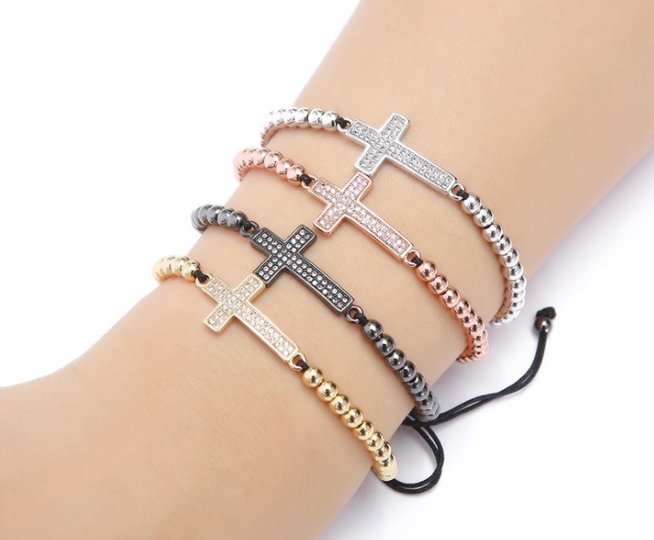 Goud Zilver Micro Pave Cz Zirconia Touw Aangepast Koperen Kralen Armband Df2 Cross Charm Gevlochten Armbanden