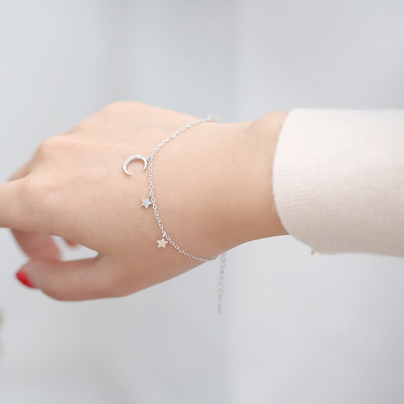 Silver Color Art Moon Stars Bracelet With Zircon Friendship Chain Bracelets Star Moon Charm Bracelets For Women Girl