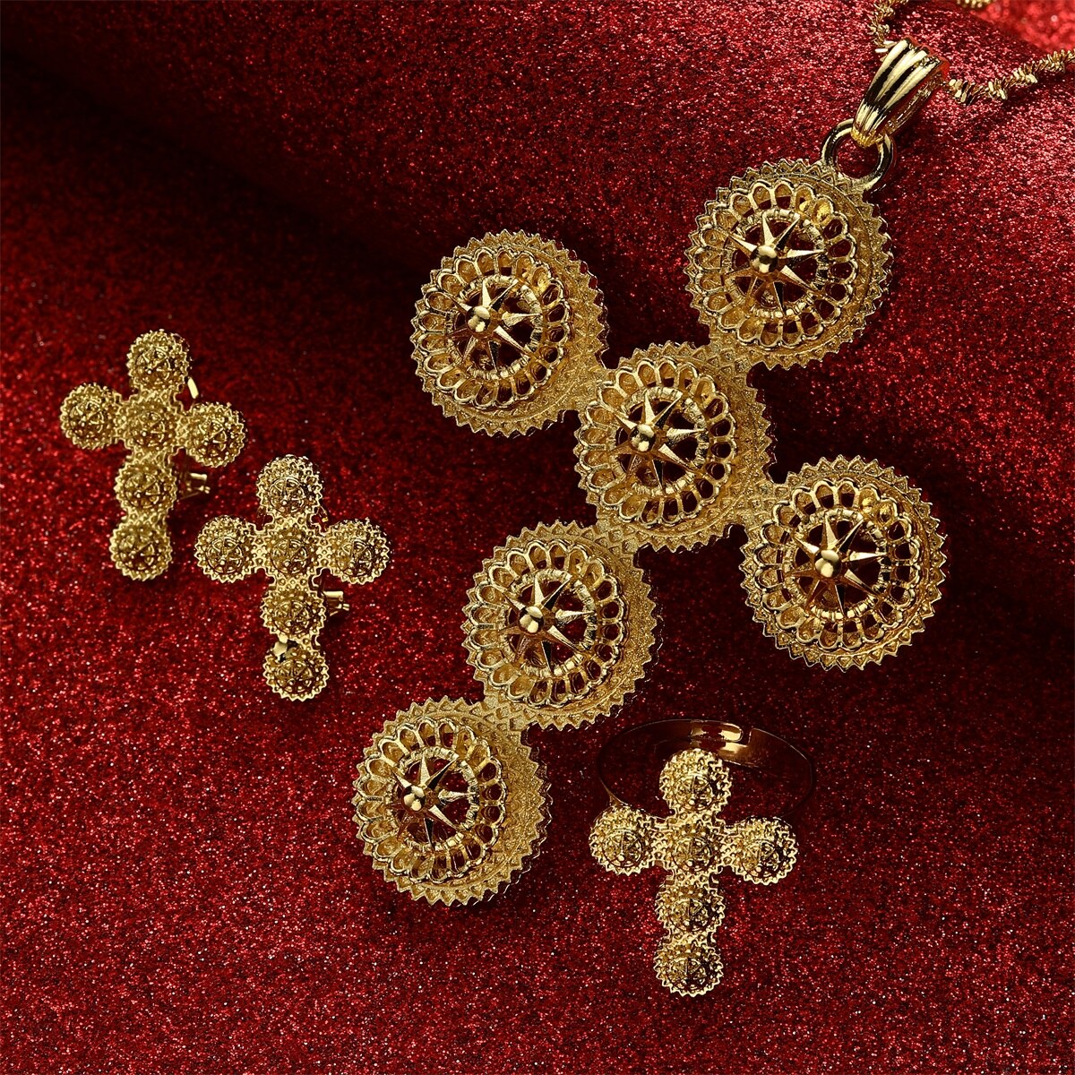 Set di gioielli con anelli pendenti con croce grande etiope africana Color oro per donna uomo