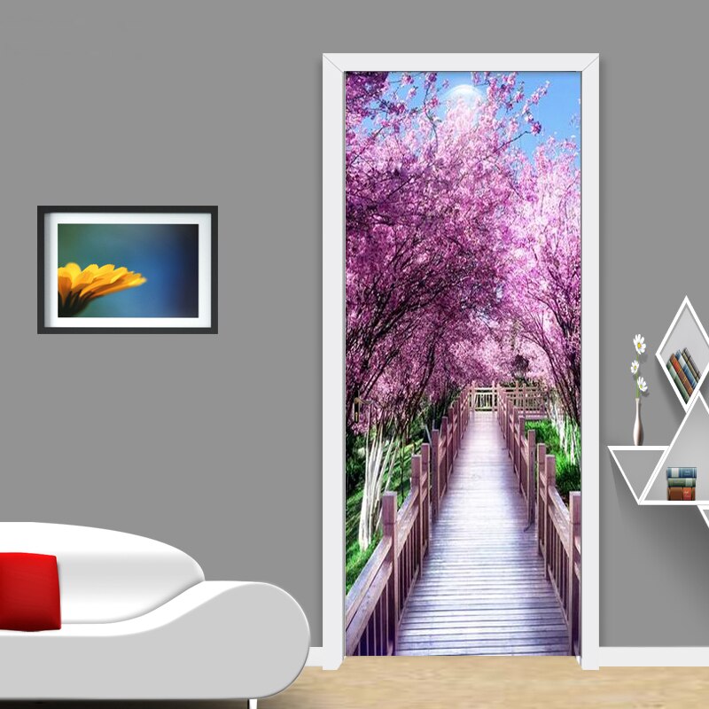 Cherry Blossom Avenue Scenery Door Sticker 3D Living Room Wedding House Wallpaper PVC Waterproof Home Decor Wall Decals Stickers