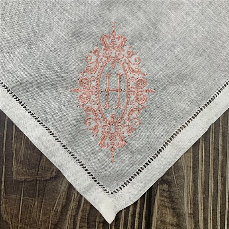 12 Pcs Monogram Zakdoeken Wit Pure Ramee Stof Zakdoeken Hemstitched Grens/Plain Klassieke 13X13-Inch: Letter H PINK