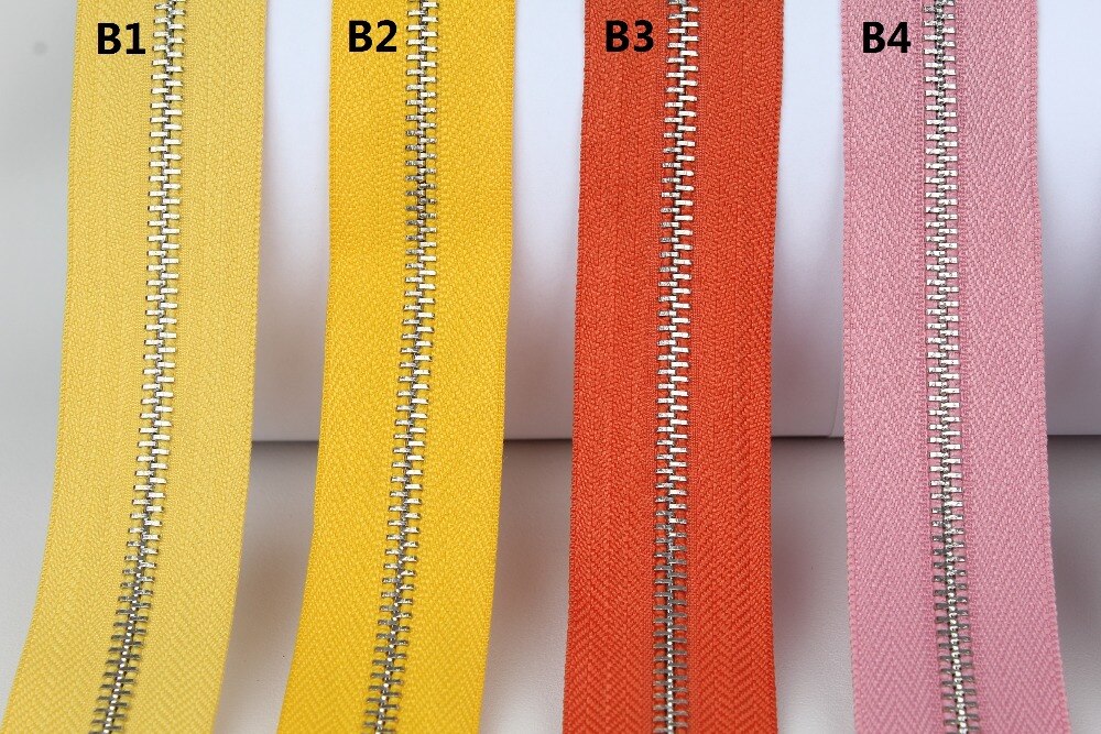 5#  zilveren metalen ritsen, enkele open einde, geelgoud, oranje, roze, fuchsia, paars, metalen rits, rol, 10 meter, veel