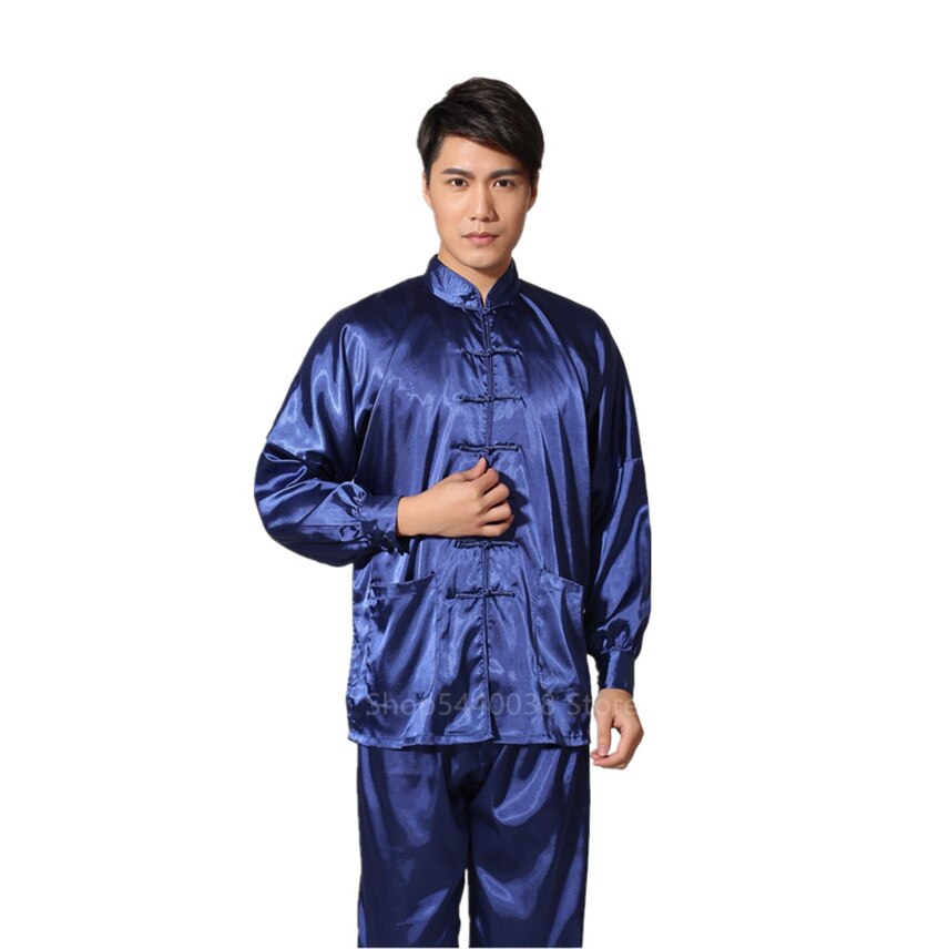 Chinese Year Clothing for Men Satin Solid Long Sleeve Kung Fu Costumes Traditional Cheongsam Top Pant Clothes Set