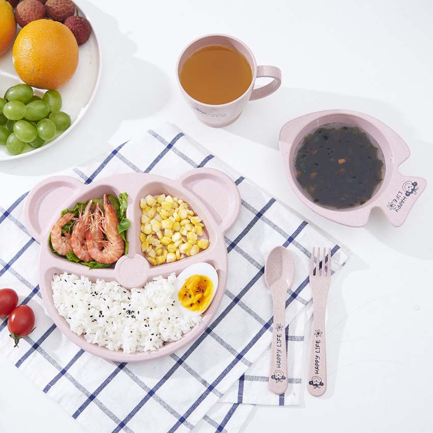 5Pcs Child Tableware Wheat Straw Sange Snack Tray with Spoon Fork Cup Skid Platter Tableware Baby Eating Supplies Beautiful Tray